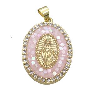 Copper Oval Pendant Pave Shell Virgin Mary Pink Gold Plated, approx 18-25mm