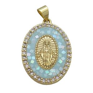Copper Oval Pendant Pave Shell Virgin Mary Aqua Gold Plated, approx 18-25mm