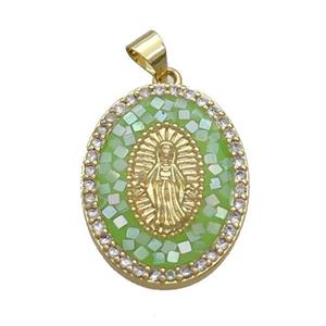 Copper Oval Pendant Pave Shell Virgin Mary Green Gold Plated, approx 18-25mm