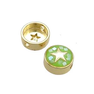 Copper Button Beads Pave Shell Green Star Gold Plated, approx 11mm dia