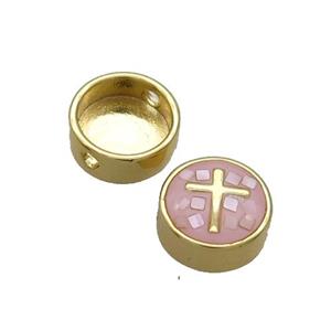 Copper Button Beads Pave Shell Pink Cross Gold Plated, approx 11mm dia