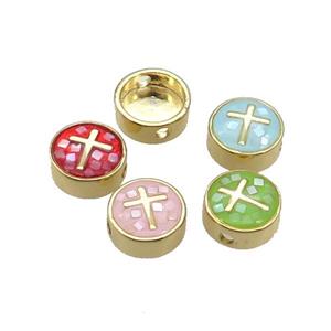 Copper Button Beads Pave Shell Cross Gold Plated Mixed, approx 11mm dia