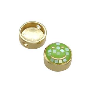 Copper Button Beads Pave Shell Green Smileface Gold Plated, approx 11mm dia