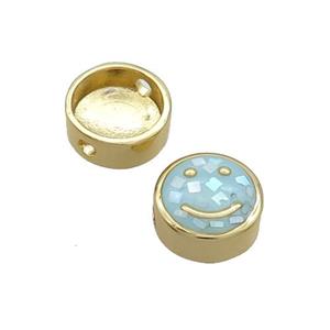 Copper Button Beads Pave Shell Aqua Smileface Gold Plated, approx 11mm dia