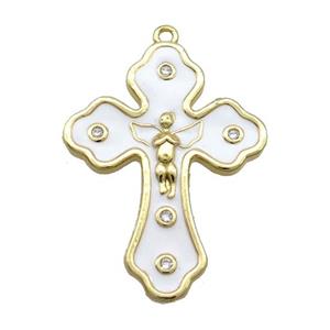 Copper Cross Pendant White Enamel Gold Plated, approx 22-30mm