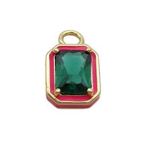 Copper Rectangle Pendant Pave Green Crystal Glass Red Enamel Gold Plated, approx 9.5-11mm