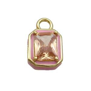 Copper Rectangle Pendant Pave Champagne Crystal Glass Pink Enamel Gold Plated, approx 9.5-11mm