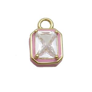 Copper Rectangle Pendant Pave Clear Crystal Glass Pink Enamel Gold Plated, approx 9.5-11mm
