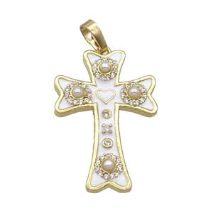 Copper Cross Pendant Pave Zircon White Enamel Gold Plated, approx 20-30mm