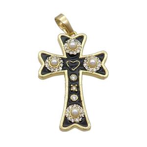 Copper Cross Pendant Pave Zircon Black Enamel Religious Gold Plated, approx 20-30mm