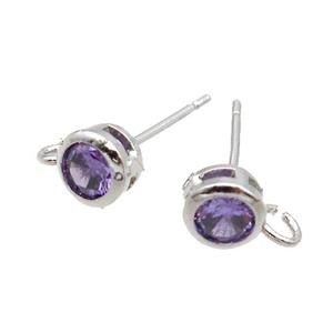 Copper Stud Earring Pave Purple Crystal Glass Platinum Plated, approx 5mm