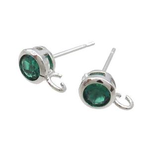 Copper Stud Earring Pave Green Crystal Glass Platinum Plated, approx 5mm