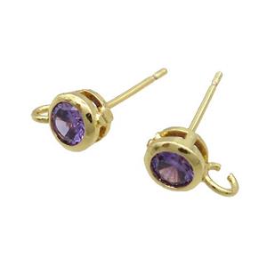Copper Stud Earring Pave Purple Crystal Glass Gold Plated, approx 5mm