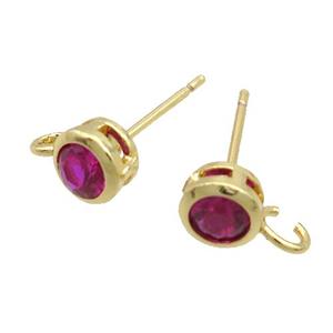 Copper Stud Earring Pave Hotpink Crystal Glass Gold Plated, approx 5mm