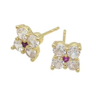 Copper Stud Earring Pave Clear Crystal Glass Flower Gold Plated, approx 8x8mm
