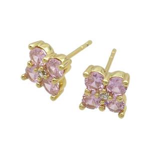 Copper Stud Earring Pave Pink Crystal Glass Flower Gold Plated, approx 8x8mm