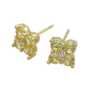 Copper Stud Earring Pave Yellow Crystal Glass Flower Gold Plated, approx 8x8mm