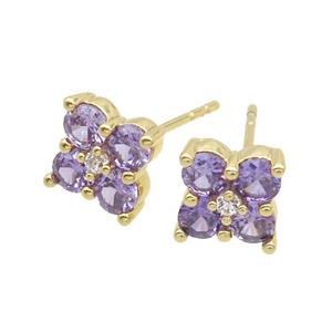 Copper Stud Earring Pave Purple Crystal Glass Flower Gold Plated, approx 8x8mm