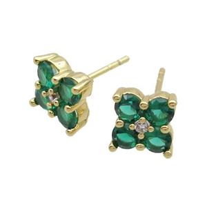 Copper Stud Earring Pave Green Crystal Glass Flower Gold Plated, approx 8x8mm