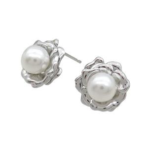 Copper Stud Earring Pave Pearlized Shell White Flower Platinum Plated, approx 8mm, 14mm
