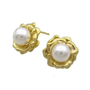 Copper Stud Earring Pave Pearlized Shell White Flower Gold Plated, approx 8mm, 14mm