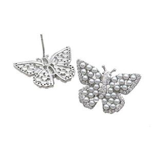 Copper Butterfly Stud Earring Pave Shell Platinum Plated, approx 15.5-23mm