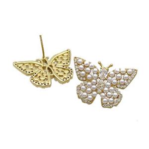 Copper Butterfly Stud Earring Pave Shell Gold Plated, approx 15.5-23mm