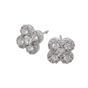 Copper Stud Earring Pave Zircon Clover Platinum Plated, approx 11mm