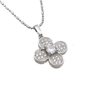 Copper Necklace With Clover Pave Zircon Platinum Plated, approx 18mm, 45-50cm length