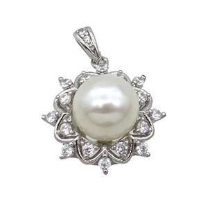 Copper Pendant Pave Pearlized Shell Flower Platinum Plated, approx 10mm, 18.5mm