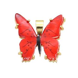 Copper Butterfly Pendant Pave Red Resin Gold Plated, approx 20mm