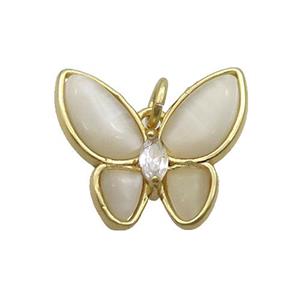 Copper Butterfly Pendant Pave White Catseye Gold Plated, approx 16-18mm