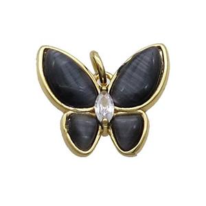 Copper Butterfly Pendant Pave Black Catseye Gold Plated, approx 16-18mm