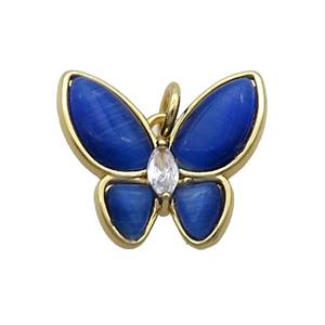 Copper Butterfly Pendant Pave Blue Catseye Gold Plated, approx 16-18mm
