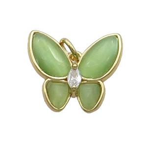 Copper Butterfly Pendant Pave Green Catseye Gold Plated, approx 16-18mm