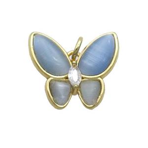Copper Butterfly Pendant Pave Blue Catseye Gold Plated, approx 16-18mm