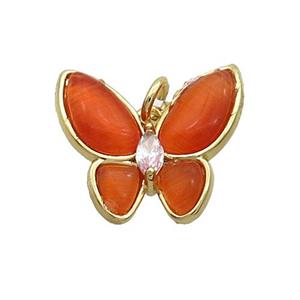 Copper Butterfly Pendant Pave Red Catseye Gold Plated, approx 16-18mm