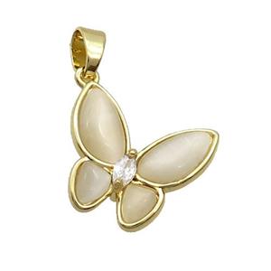 Copper Butterfly Pendant Pave White Catseye Gold Plated, approx 16-18mm