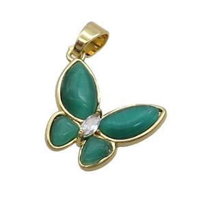 Copper Butterfly Pendant Pave Green Catseye Gold Plated, approx 16-18mm