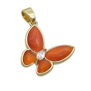 Copper Butterfly Pendant Pave Red Catseye Gold Plated, approx 16-18mm