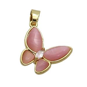 Copper Butterfly Pendant Pave Pink Catseye Gold Plated, approx 16-18mm