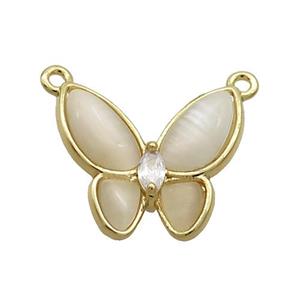 Copper Butterfly Pendant Pave White Catseye 2loops Gold Plated, approx 16-18mm