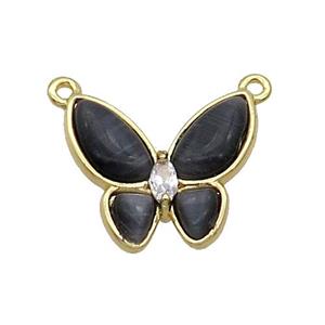 Copper Butterfly Pendant Pave Black Catseye 2loops Gold Plated, approx 16-18mm