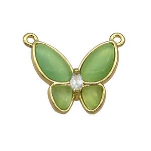 Copper Butterfly Pendant Pave Green Catseye 2loops Gold Plated, approx 16-18mm