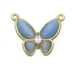 Copper Butterfly Pendant Pave Blue Catseye 2loops Gold Plated, approx 16-18mm