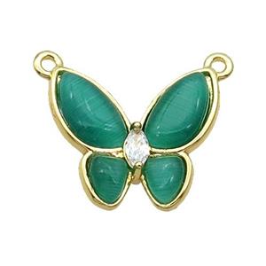 Copper Butterfly Pendant Pave Green Catseye 2loops Gold Plated, approx 16-18mm