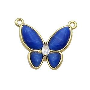 Copper Butterfly Pendant Pave Blue Catseye 2loops Gold Plated, approx 16-18mm