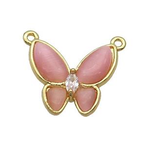 Copper Butterfly Pendant Pave Pink Catseye 2loops Gold Plated, approx 16-18mm