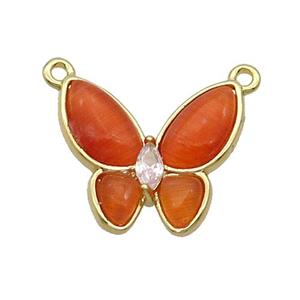 Copper Butterfly Pendant Pave Red Catseye 2loops Gold Plated, approx 16-18mm