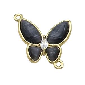 Copper Butterfly Connctor Pave Black Catseye Gold Plated, approx 16-18mm